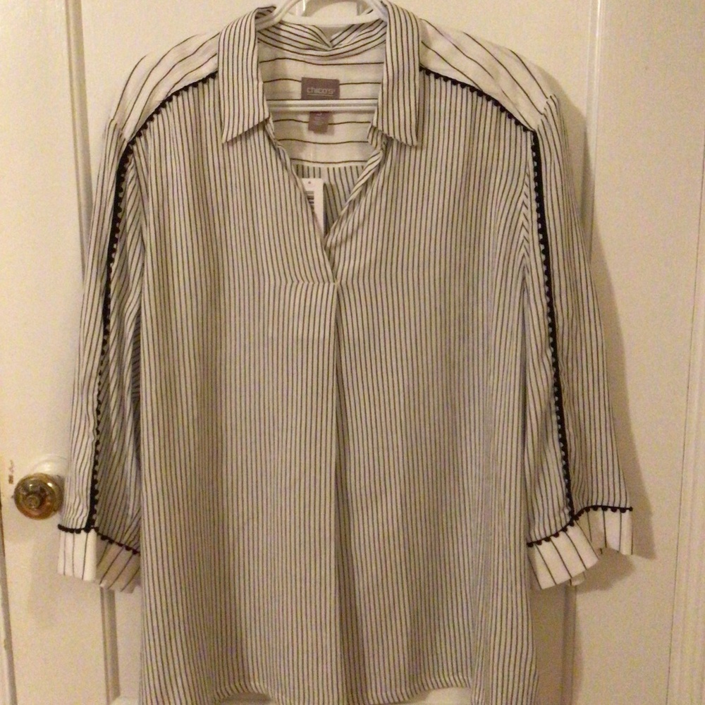 CHICO'S B&W STRIPED TUNIC, 3/4 SLEEVE, 16 (3), NWT, POM POM TRIM, SO CUTE!